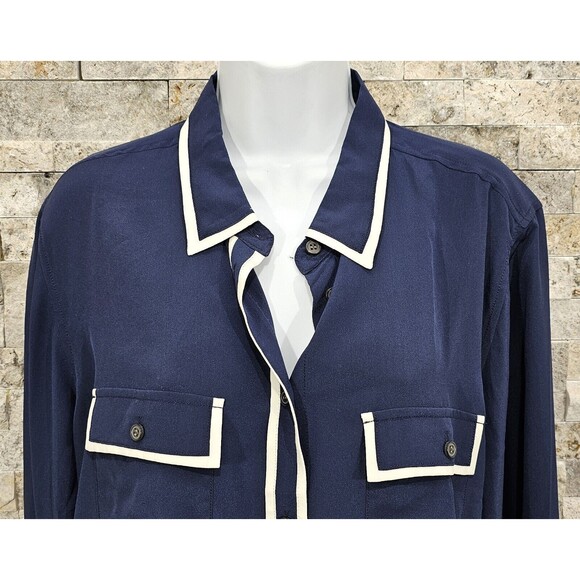 RARE 100% silk J.Crew Classic Fit Button Up Shirt Womens 18 Navy Blue White Trim - Picture 4 of 15